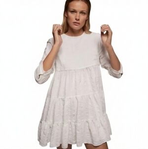 Zara The Sharon Textured Weave Tiered Mini Babydoll Dress White S Boho Summer